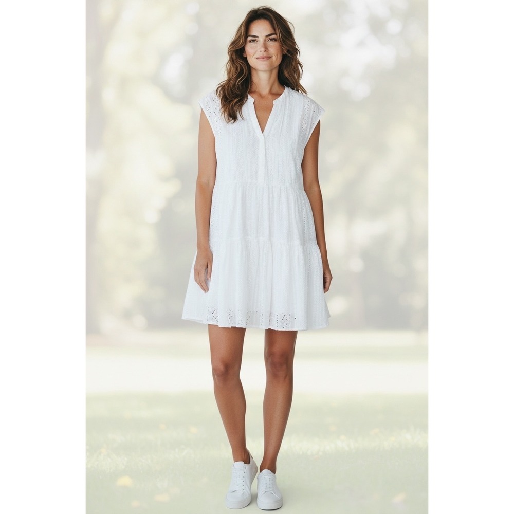 Y.A.S Seersucker Tiered Mini Dress Womens M White Pintuck Sleeveless‎ Summer